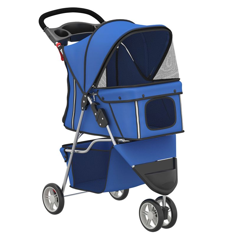 PawHut 3 Wheels Foldable Dog Stroller with Storage Basket, Adjustable Canopy, Cupholder - Small Dogs